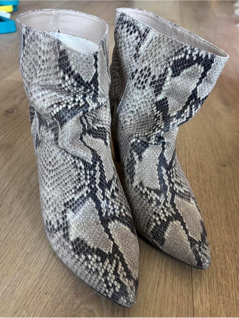 Treasure & Bond Snake-Print Pointed Ankle Boots in Beige and Black